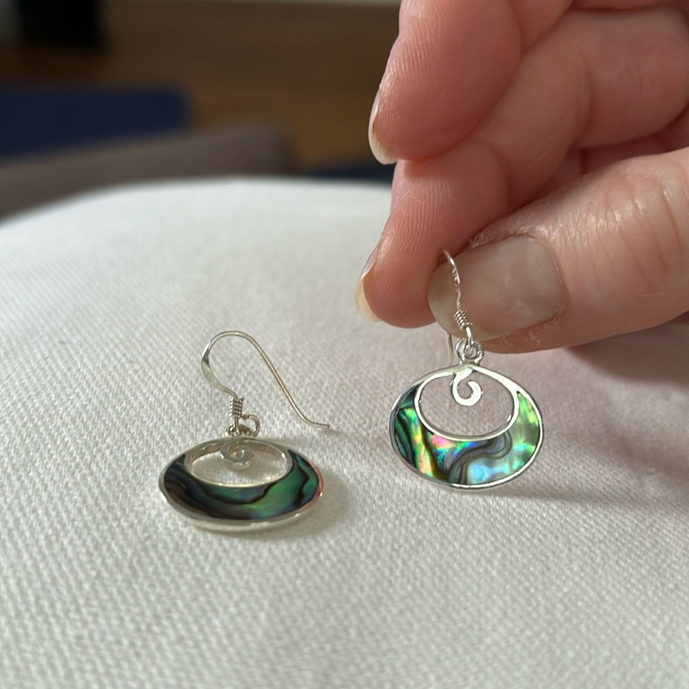 Sterling Silver Abalone Inlay French Wire Drop Earrings.